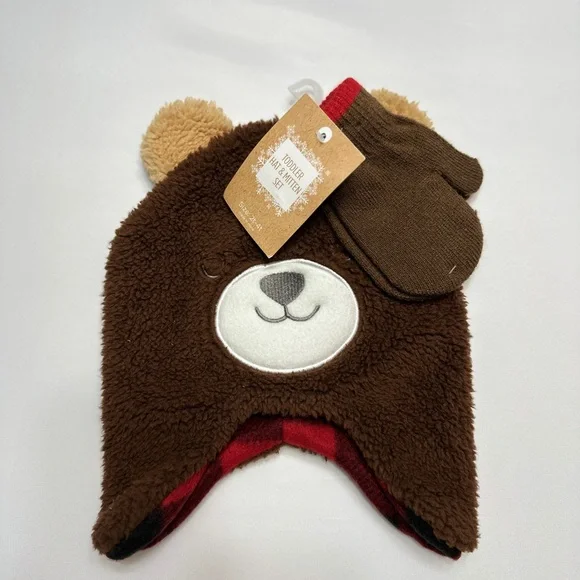 Teddy Bear Brown Kids Toddler Winter Hat and Glove Set Mitten Plaid NWT - Picture 4 of 9